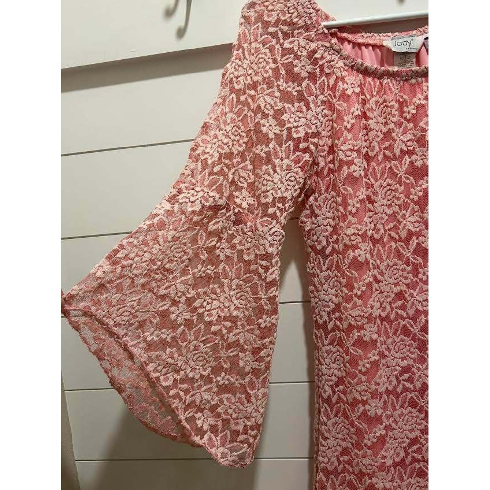 VNTG Jody California Pink Floral Lace Bell Sleeve Mini Dress Lg Made in USA Y2K